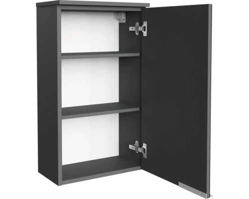 Dunkelgrauer Bad-Wandschrank mit geöffneter Tür und zwei Einlegeböden.
