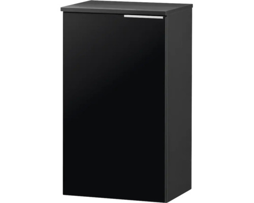 Meuble bas noir avec une porte et une fine poignée en métal, design moderne.