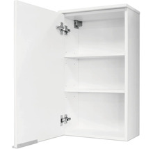 Offener Wandschrank in Weiß mit zwei Regalböden und sichtbaren Metallscharnieren.