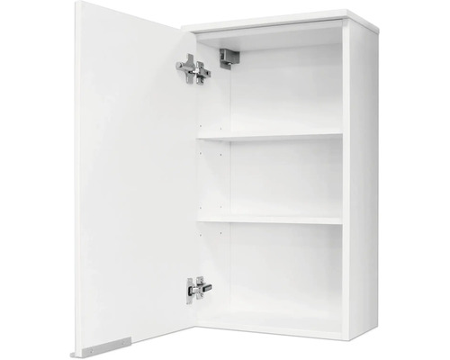 Offener Wandschrank in Weiß mit zwei Regalböden und sichtbaren Metallscharnieren.