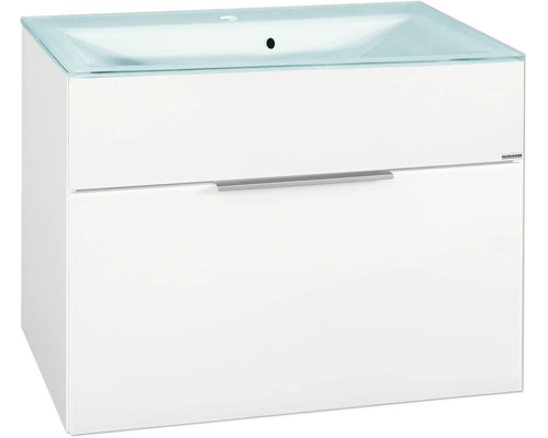 Meuble sous-vasque avec lavabo en verre, un tiroir avec poignée en métal, Fackelmann Logo.