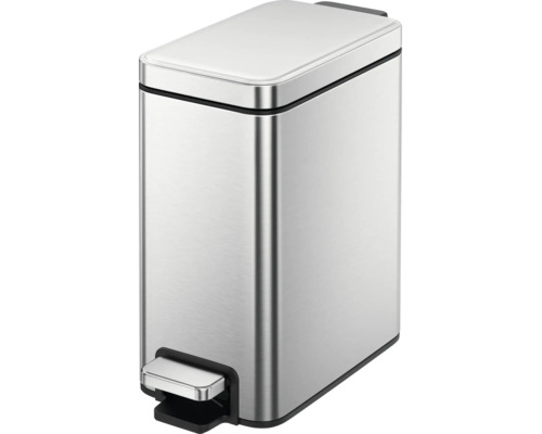 Poubelle à pédale rectangulaire en acier inoxydable brossé avec couvercle plat.