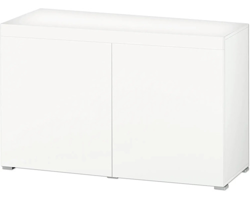Meuble bas blanc avec deux portes sans poignée pour aquarium ou comme espace de rangement.