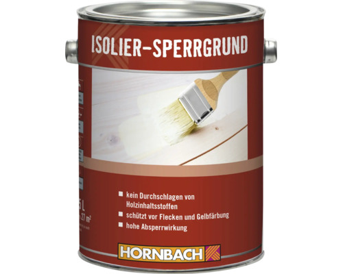 Pot métallique de 5 litres de primaire d'isolation Hornbach pour bois, protection contre les taches et le jaunissement, Hornbach Logo.