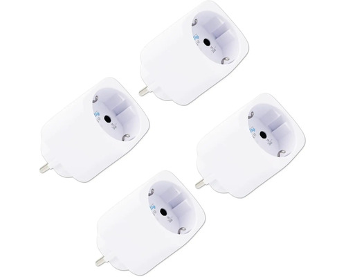 Vier kompakte Shelly Plus Plug S smarte Steckdosen in Weiß.