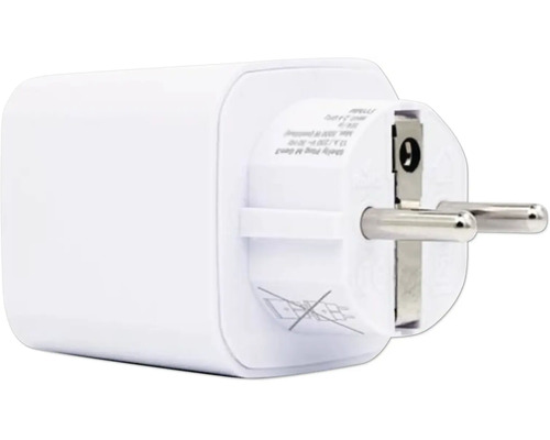 Kompakter smarter Zwischenstecker mit Schutzkontakt-Stecker in Weiß aus Kunststoff.