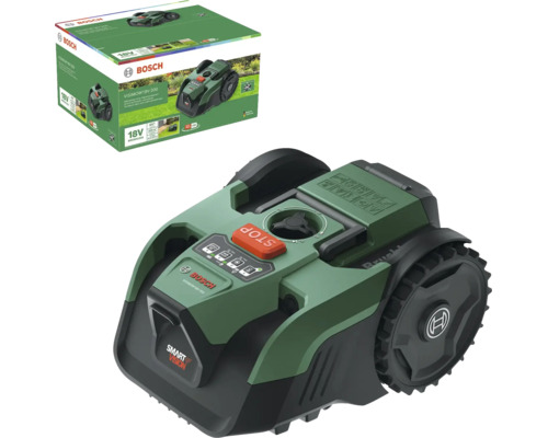 Bosch Mähroboter VISIMOW 18V-200 mit Smart Vision und 18 Volt Akku, inklusive Produktverpackung.