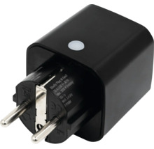Prise intelligente Wi-Fi Shelly Plug M Gen3 noire avec bouton de commande sur le dessus.