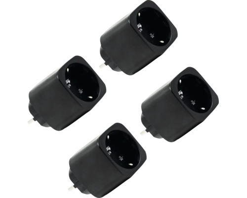 Shelly Smart Plug S, lot de 4, prise connectée intelligente en plastique noir.