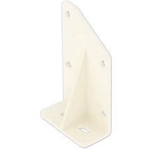 Équerre d'étagère en plastique blanc avec gousset de renfort et trous pré-percés pour fixation murale.