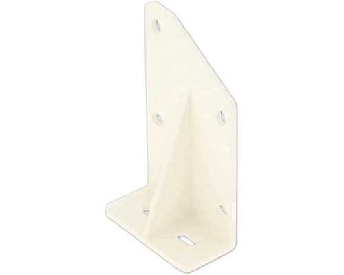 Équerre d'étagère en plastique blanc avec gousset de renfort et trous pré-percés pour fixation murale.