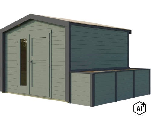 Abri de jardin moderne en bois avec toit en appentis, double porte avec éléments vitrés et annexe latérale pour le rangement. (Image AI modified or generated)
