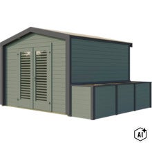 Abri de jardin en bois avec porte double et extension latérale pour poubelles (Image AI modified or generated)