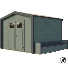 Abri de jardin en bois avec double porte et banc intégré, design moderne pour extérieur. (Image AI modified or generated)