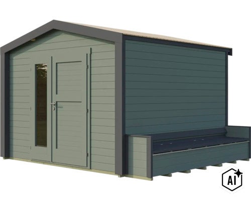 Abri de jardin moderne en bois avec toit en appentis, double porte et banc de jardin intégré sur le côté. (Image AI modified or generated)