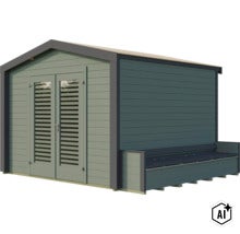 Abri de jardin en bois avec porte double et banc intégré au design moderne pour le rangement des outils de jardin. (Image AI modified or generated)