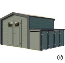 Abri de jardin en bois avec double porte et appentis pour le rangement des outils de jardin ou des vélos. (Image AI modified or generated)
