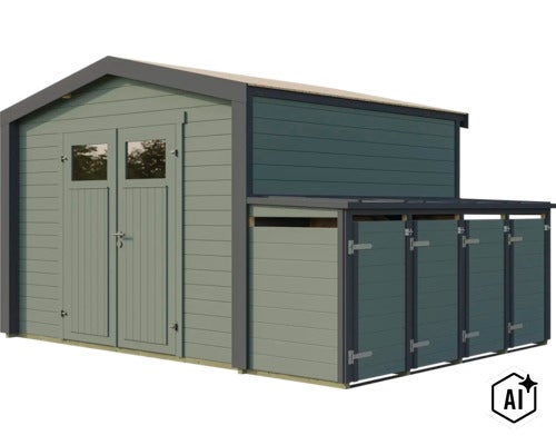Abri de jardin en bois avec double porte et appentis pour le rangement des outils de jardin ou des vélos. (Image AI modified or generated)