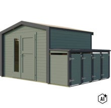 Abri de jardin en bois avec appentis de rangement intégré, doté d une porte double et d éléments vitrés (Image AI modified or generated)
