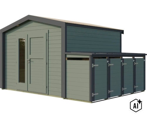 Abri de jardin en bois avec appentis de rangement intégré, doté d une porte double et d éléments vitrés (Image AI modified or generated)