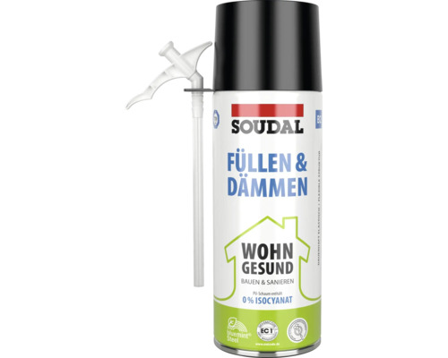 Soudal Logo, mousse polyuréthane pour remplissage et isolation avec applicateur, sans isocyanate, à très faibles émissions selon EC1 Plus.