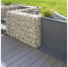 Aménagement de jardin moderne avec mur en gabion, écran de jardin et lames de terrasse.
