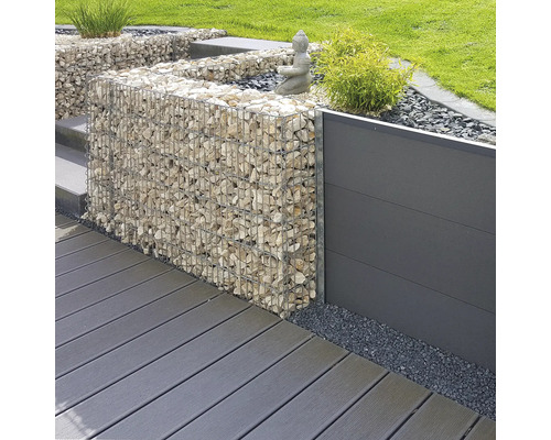 Aménagement de jardin moderne avec mur en gabion, écran de jardin et lames de terrasse.