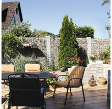 Sitzgruppe auf einer Terrasse mit Gabionenwand, Gartenstühlen mit Auflagen und Gartentisch auf Boden in Holzoptik.