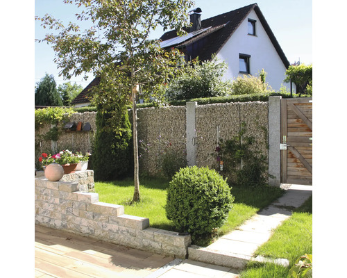 Garten mit Gabionenwand aus Natursteinen, Granitpfosten, Holztor und einer niedrigen Mauer aus Steinblöcken.
