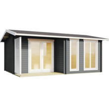 Abri de jardin moderne en bois anthracite avec double porte vitrée blanche, deux fenêtres et une petite terrasse.