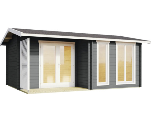 Abri de jardin moderne en bois anthracite avec double porte vitrée blanche, deux fenêtres et une petite terrasse.