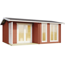 Abri de jardin en bois rouge avec portes doubles blanches, deux fenêtres et une paroi latérale à lamelles.