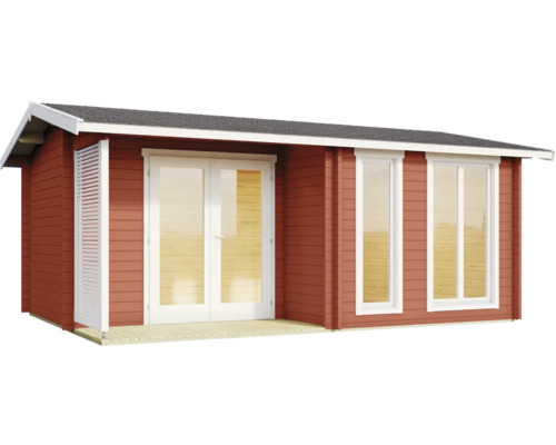Abri de jardin en bois rouge avec portes doubles blanches, deux fenêtres et une paroi latérale à lamelles.