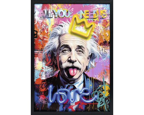 Tableau mural style pop art avec Albert Einstein tirant la langue, une couronne, le texte Love et All you need is dans un cadre noir.