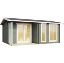 Abri de jardin moderne en bois avec façade gris foncé, double porte vitrée blanche et grandes fenêtres.