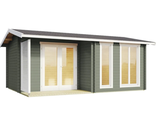 Abri de jardin moderne en bois avec façade gris foncé, double porte vitrée blanche et grandes fenêtres.