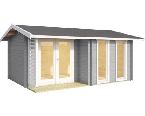 Abri de jardin moderne en bois gris et blanc avec toit à deux pans, double porte vitrée, deux grandes fenêtres et petite terrasse.