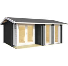 Modernes Gartenhaus aus Holz mit Satteldach, Doppeltür mit Verglasung, zwei bodentiefen Fenstern und kleiner Terrasse.