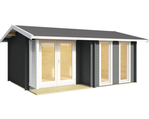 Modernes Gartenhaus aus Holz mit Satteldach, Doppeltür mit Verglasung, zwei bodentiefen Fenstern und kleiner Terrasse.