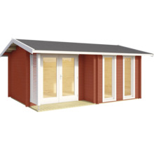 Gartenhaus aus Holz mit Satteldach, einer Doppelflügeltür aus Glas, zwei vertikalen Fenstern und einer kleinen Terrasse.