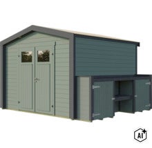 Abri de jardin en bois avec porte double, parties vitrées et annexe latérale dotée d’une étagère pour ranger les outils de jardinage. (Image AI modified or generated)