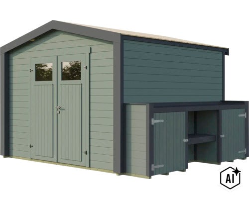 Abri de jardin en bois avec porte double, parties vitrées et annexe latérale dotée d’une étagère pour ranger les outils de jardinage. (Image AI modified or generated)