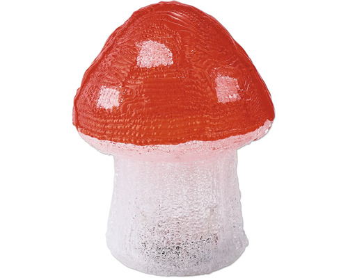 Figurine décorative LED champignon en acrylique pour l'extérieur, rouge avec des points blancs.