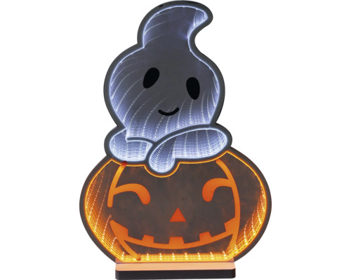 Décoration d'Halloween à LED en forme de fantôme sur une citrouille avec effet de miroir à l'infini.