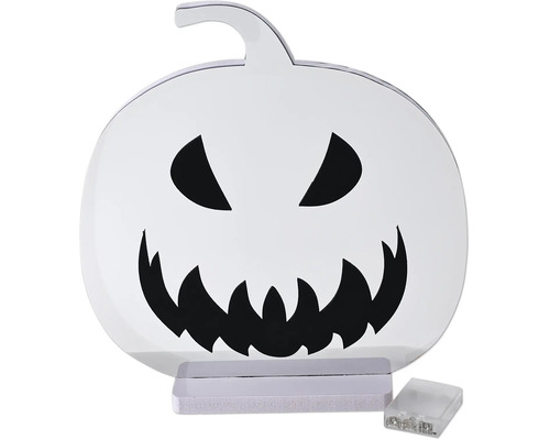 Décoration d'Halloween LED en forme de citrouille en plastique avec un visage noir, un socle blanc et un compartiment à piles.