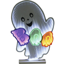 Décoration LED pour Halloween en forme de fantôme avec effet miroir infini et le texte BOO.
