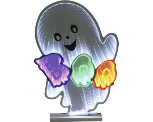 Décoration LED pour Halloween en forme de fantôme avec effet miroir infini et le texte BOO.