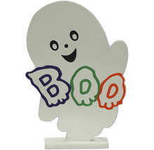Figurine décorative d'Halloween en forme de fantôme souriant avec l'inscription BOO sur un socle.