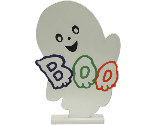 Figurine décorative d'Halloween en forme de fantôme souriant avec l'inscription BOO sur un socle.