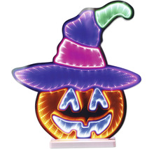 Décoration LED Halloween citrouille orange avec chapeau de sorcière coloré et effet d'infini.